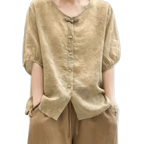 Cotton and linen short-sleeved shirts for women new summer ramie shirts belly-covering slim-fitting shirts puff-sleeved linen tops