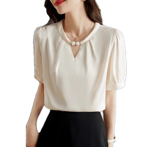 French elegant acetate silk short-sleeved shirt for women in spring and summer stylish and age-reducing loose satin lantern sleeve temperament shirt