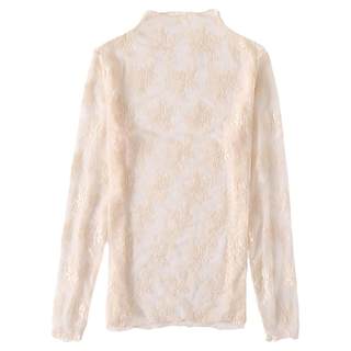 Black half turtleneck lace bottoming shirt for women in autumn and winter high-end suit with tulle see-through transparent mesh top