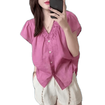 Pink linen short-sleeved shirt for women summer 2024 new style French style shirt shirt small flying sleeve cotton and linen top