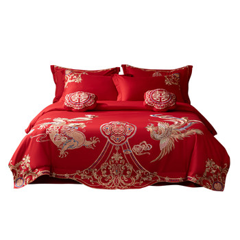 High-end bright red cotton four-piece wedding set