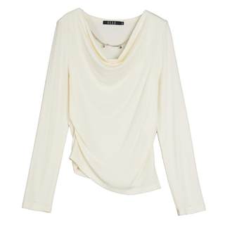 ELLE白色设计感绵羊毛长袖内搭T恤女2025冬季修身显瘦打底衫上衣