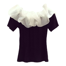 Lotus leaf side lined with short sleeves T-shirt female summer Korean version 100 hitch fit short and collarbone blouses design feel.