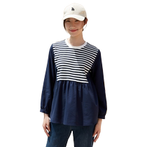 Happy House Striped Pregnant Woman Blouse 2024 New Fake Two Doll Shirt Long Sleeve Sweater Fashion Gestation Woman 100 hitch