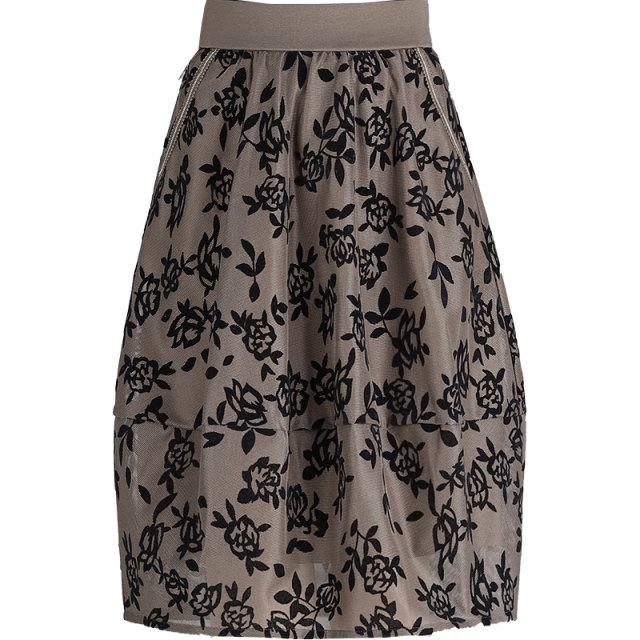 Flocked mesh flower bud skirt A-line midi skirt for women