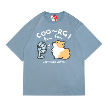 Yueyou Hair Dry Corgi Unisex Printed Summer Sleeve T-Shirt Men's Fun Summer Milk Blue Trendy Cotton