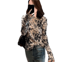 Lace mesh bottoming shirt for women spring and autumn style long-sleeved printed T-shirt slim fit slightly see-through sexy top