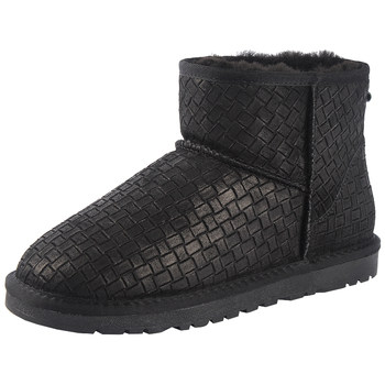 Black woven warm leather snow boots