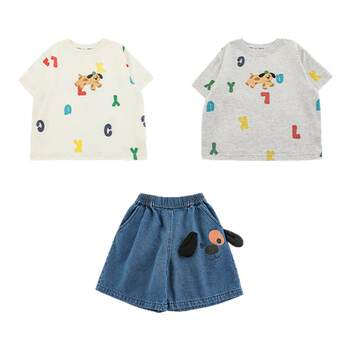 Youyou boys 2026 summer new new-sleeved round neck cartoon t-shirt light and loose wide-leg denim shorts suits
