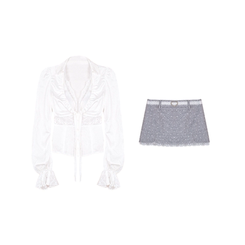 ສວນສິນທາງປັນຍາຂອງ eden pure desire fake two-piece lace and tencel spliced shirt with padded polka dot low waist cover hip skirt