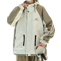 Hooded Jacket Mens Spring and Autumn 2024 New Contrast Color Work Jacket Mens Trendy Brand Youth Casual Jacket