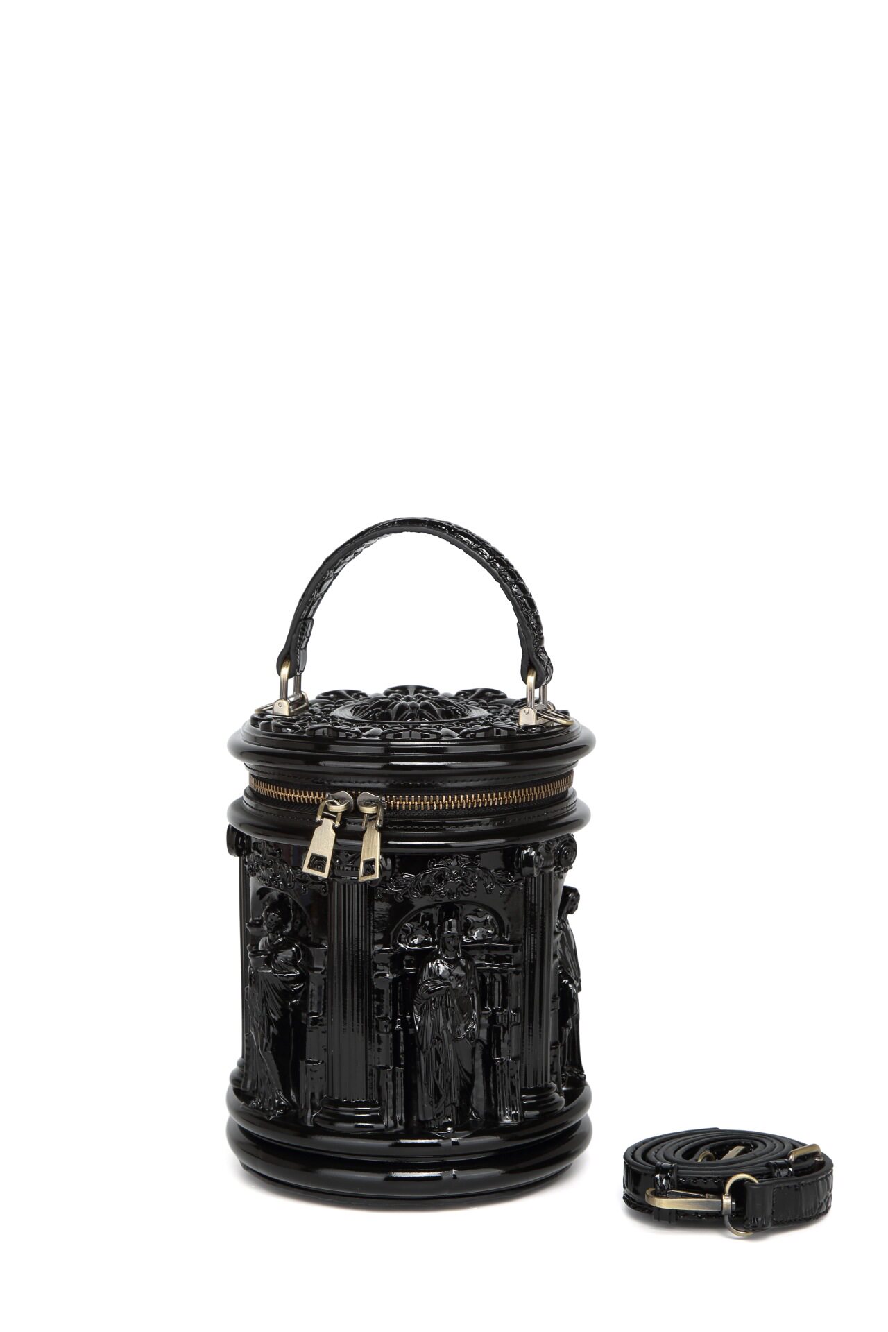 Stereoman European Banned Vintage Roman Column Embossed Black Cylindrical Bag/Crossbody/Tote/Bucket Bag