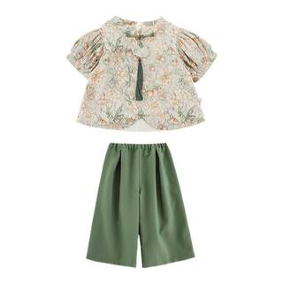 Young girl's spring floral suit, sweet and cute Chinese style stand-up collar puff half-sleeved shirt solid color straight pants trendy