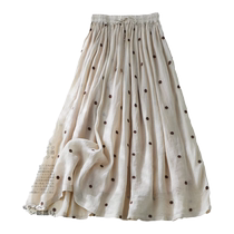 Cotton linen half body dress Women Summer 2024 new high waist a character thin wave point retro double layer of ramee large swing long skirt