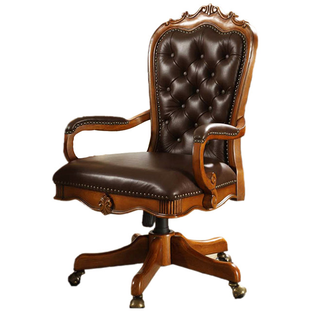Office chair solid wood genuine leather hibiscus flower