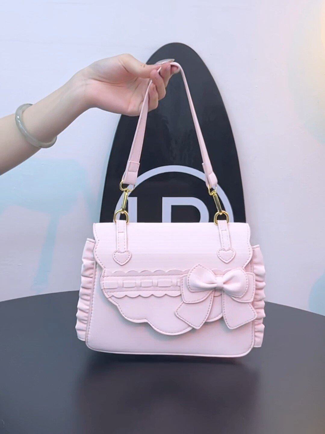 U&R Sweet Pink Bow Underarm Bag for Women, 2026 New Style, Niche Style, Ruffled Edge, Student Shoulder/Crossbody Bag