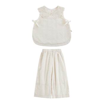 ຊຸດເດັກນ້ອຍຍິງ 2025 summer vitality cute bow sleeveless top loose straight wide leg pants