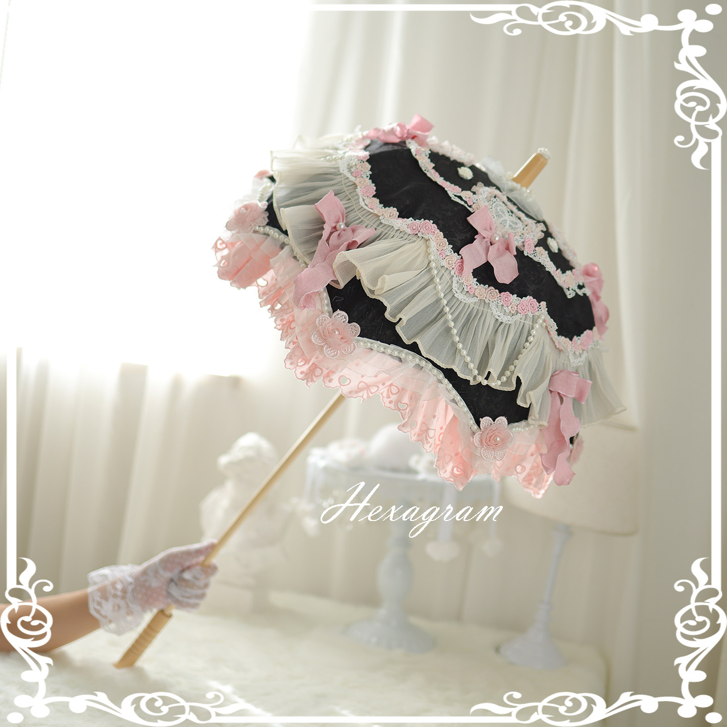Antique cake hexagram lolita original handmade misty blue moonlight doll-like long-handled antique lace umbrella