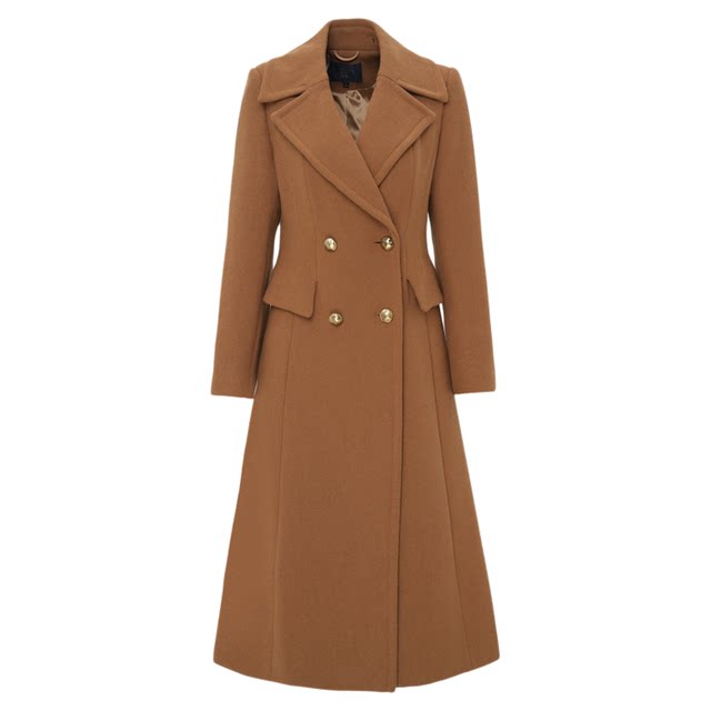 LIFE·IDEA商场同款收腰显瘦通勤长款翻领双排扣大衣百搭外套