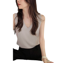 V-neck knitted camisole womens spring and autumn temperament versatile hot rhinestone edge sleeveless bottoming shirt suit inner top
