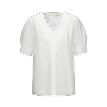 Shopping mall same style Disennis 2024 summer new high-end Tencel short-sleeved top V-neck thin lace shirt for women