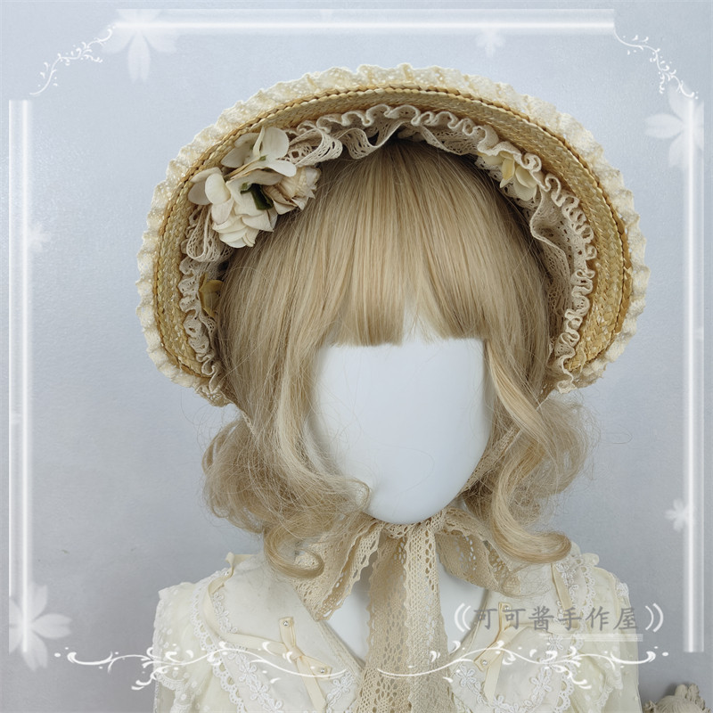 Original handmade antique hat, Lolita retro Bonnet hat, pastoral style cotton brim Lolita straw hat top hat