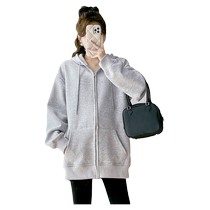Maternity wear 2024 new autumn tops long-sleeved large size zipper hooded loose versatile sweatshirt cardigan jacket for women