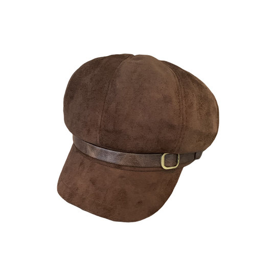 美拉德咖色复古麂皮绒贝雷帽女秋冬高品质显脸小皮带八角报童帽子