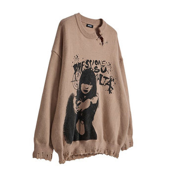 YUKAHOUSE camel sweater sweater round neck sweatshirt American retro punk rock street printed tattered loose spring