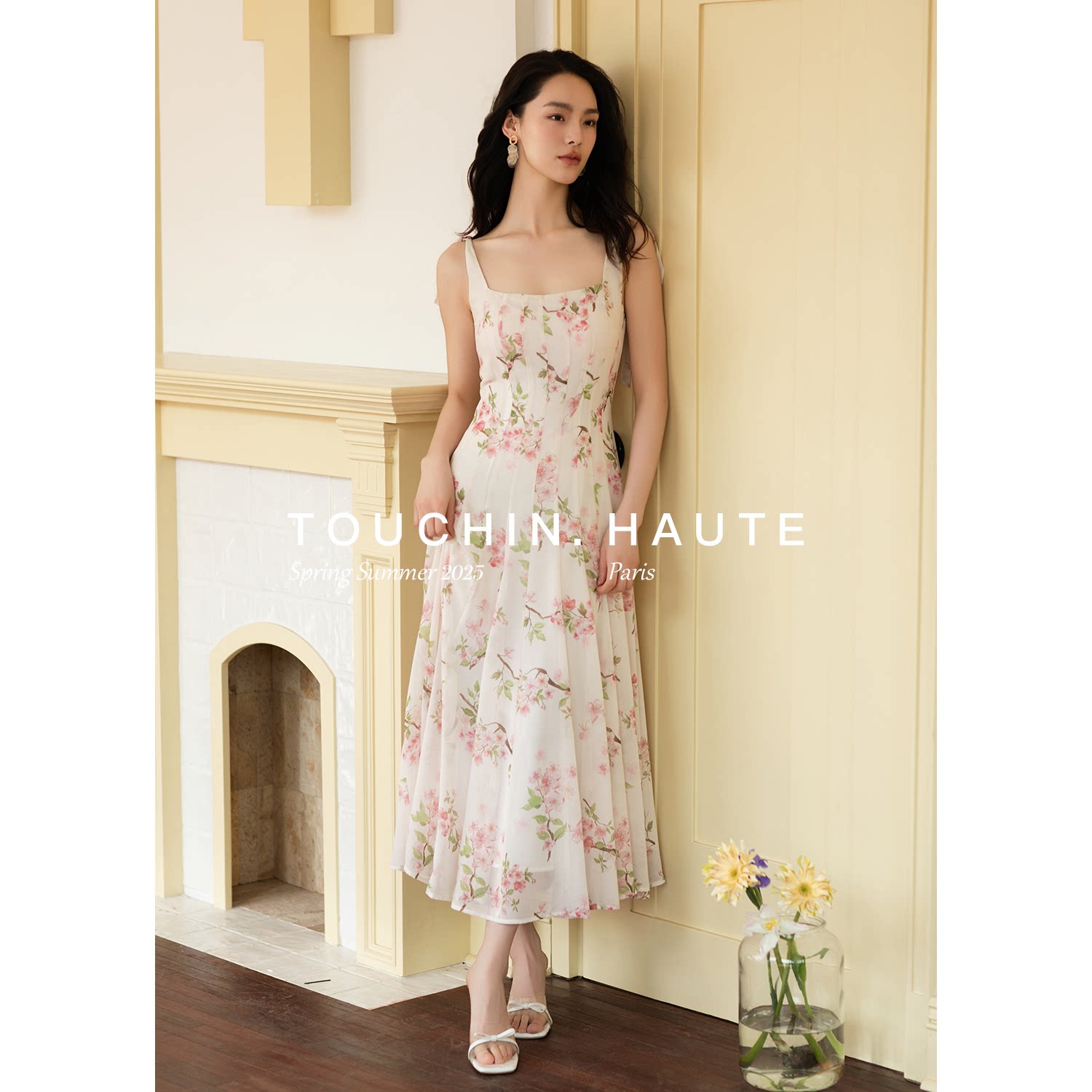 TOUCHIN HAUTE Peach Blossom Reverie French Style Silk/Chiffon Floral Print Sundress
