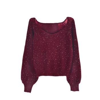 Red sequined v-neck loose sequined shiny sweater