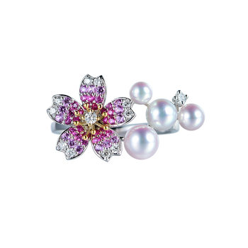 Spot sakura ring colorful pearl akoya natural seawater pearl 18k white gold diamond ring female pink sapphire