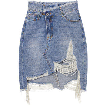 LA CRAWFISHABG hot girl washed asymmetrical high-waist versatile raw edge ripped denim skirt short skirt for women