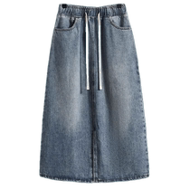 Pear-shaped denim skirt for women spring and autumn new large size elastic waist mid-length retro slit a-line skirt