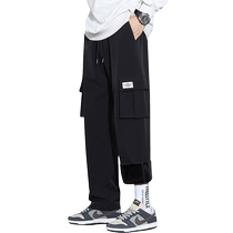 Black straight overalls for men in autumn and winter new style loose velvet thickened multi-pocket casual long pants for boys