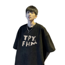 Heavy suede short-sleeved T-shirt mens summer loose American retro oversize national trend couple wear half sleeves