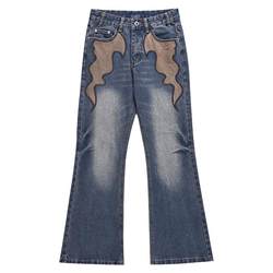 HY711 American retro niche flame totem design washed blue straight-leg bootcut jeans for men