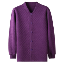 Middle-aged and elderly autumn clothes three-layer thickened womens pure cotton elderly thermal underwear set air cotton cardigan stand collar