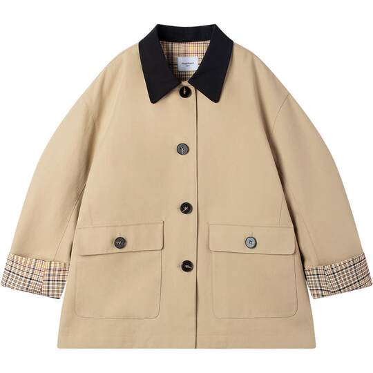 MUCMUKN童装 秋冬新款复古撞色学院风衣夹克英伦拼接格纹外套女童