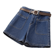 Retro blue denim shorts for women summer new high-waisted slim casual versatile a-line wide-leg hot pants