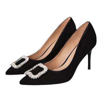 [Sugar Cube Diamond] Salsa Su spring and summer pointed crystal velvet square buckle high heels women's French slip-on shoes