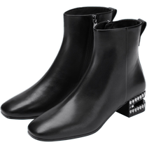 73Hours Womens Shoes Solo Winter New Black Crystal Square Thick Heel Square Toe Slim Boots Short Boots for Women