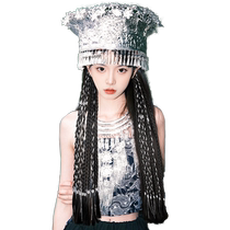 Wig Braids Miao Young Girl Silver Thread Dirty Braids Ancient Wind Hidden Colored Rope Braid Double Ponytail Flowers Long Braid Ethnic Writing True