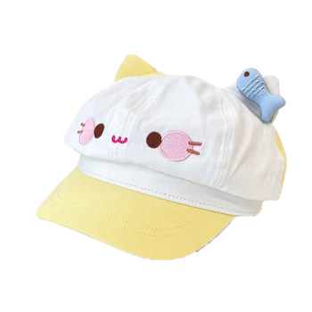 Cute cartoon cat ears beret girl makes face smaller