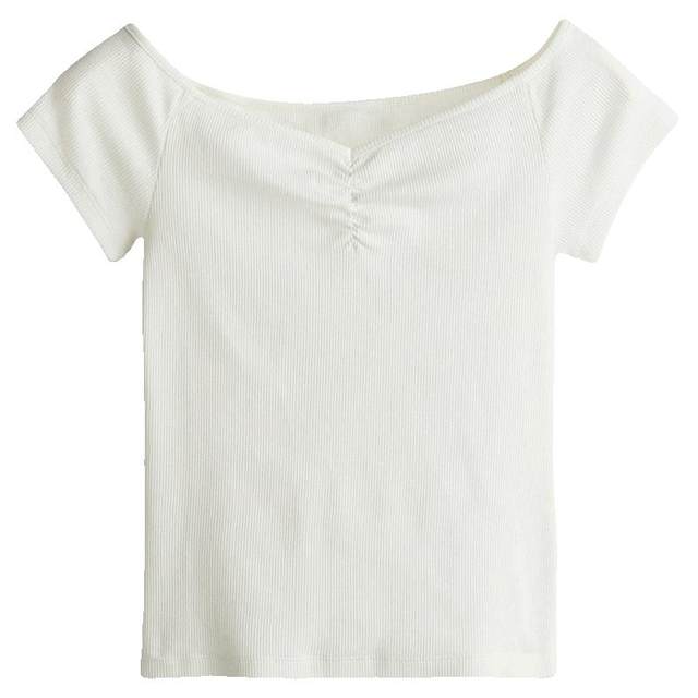 HM Women's T-shirt 2025 Autumn New Slim Fashion Ribbed Casual One-word Collar Ribbed Short Top 1278148