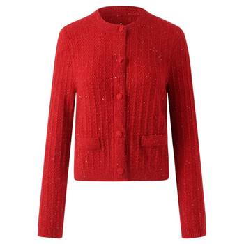 ສ່ວນຫຼຸດຄັ້ງທຳອິດຂອງ 50% ເສື້ອຢືດແຂນສັ້ນ Gloria knitted cardigan ສໍາລັບແມ່ຍິງລະດູໃບໄມ້ປົ່ງອອກແບບໃຫມ່ປີໃຫມ່ສີແດງ temperament ເສື້ອຄຸມສັ້ນ