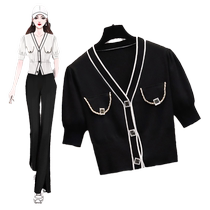 Plus size womens summer short-sleeved ice silk knitted cardigan for fat girls looking slim puff-sleeved French v-neck top