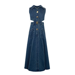 Earth Store Denim Blue Hollow Waistless Backless Sleeveless Dress ແມ່ຍິງ Summer Slim Slim Side Waist Slit Temperament Skirt ກາງ-ຍາວ