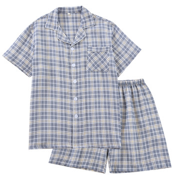 ຍີ່ປຸ່ນ line plaid pajamas ຜູ້ຊາຍ summer ຝ້າຍບໍລິສຸດ double-layer gauze ສັ້ນແຂນສັ້ນບາງໆຊຸດເຄື່ອງນຸ່ງຫົ່ມເຮືອນຝ້າຍສາມາດໃສ່ນອກ