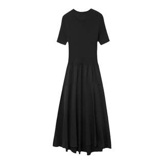 OVV秋冬热卖女装经典舒适针梭镶拼圆领A字短袖连衣裙